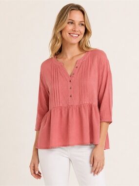 NWT Time and Tru 3/4 Sleeve Mixed Media Peplum Top Coral/Pink Size Small